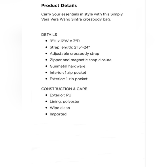 Vera Wang Faux Leather crossbody purse - Picture 8 of 8